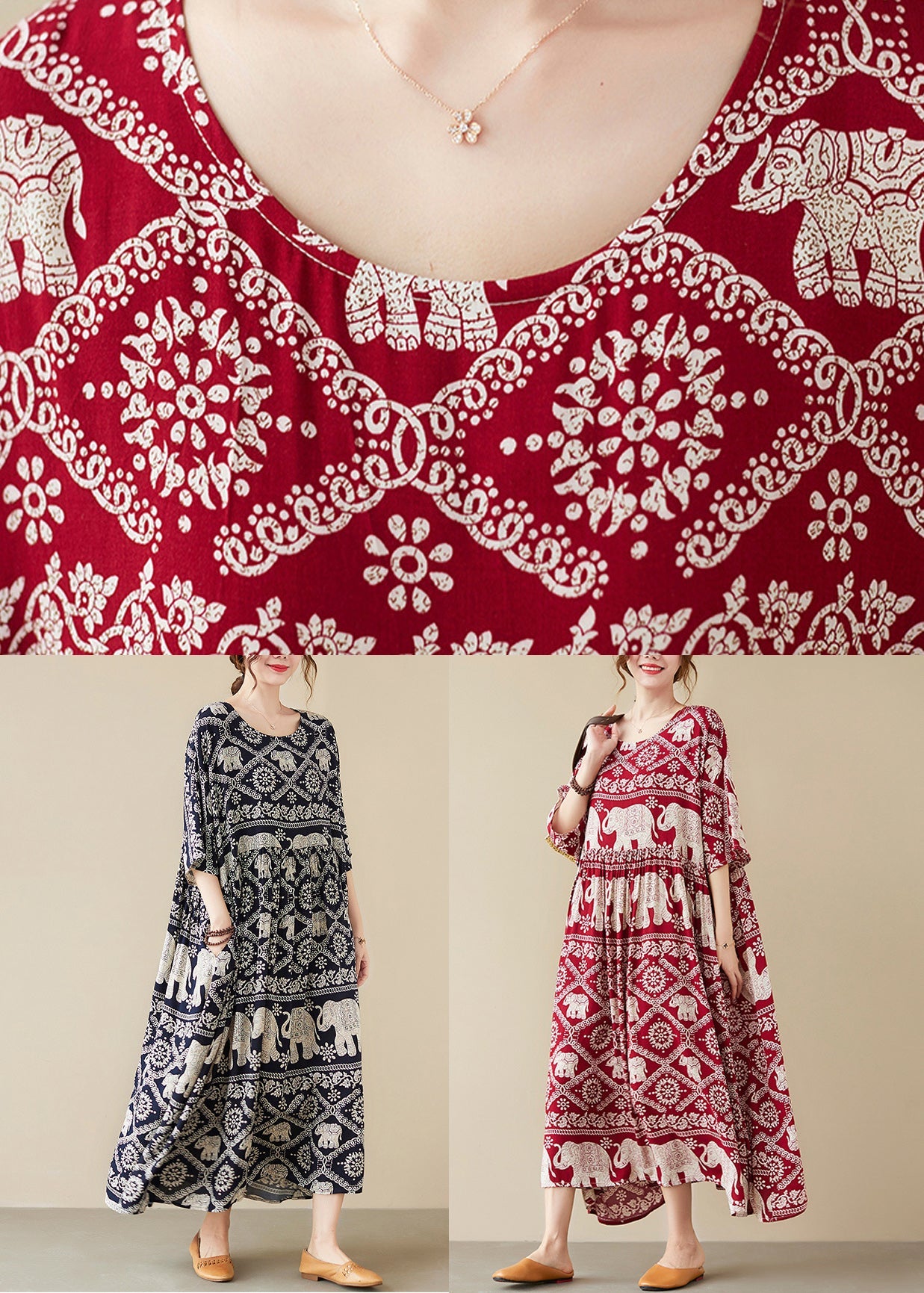 Loose Black O-neck Print Maxi Cotton Dress Half Sleeve Summer