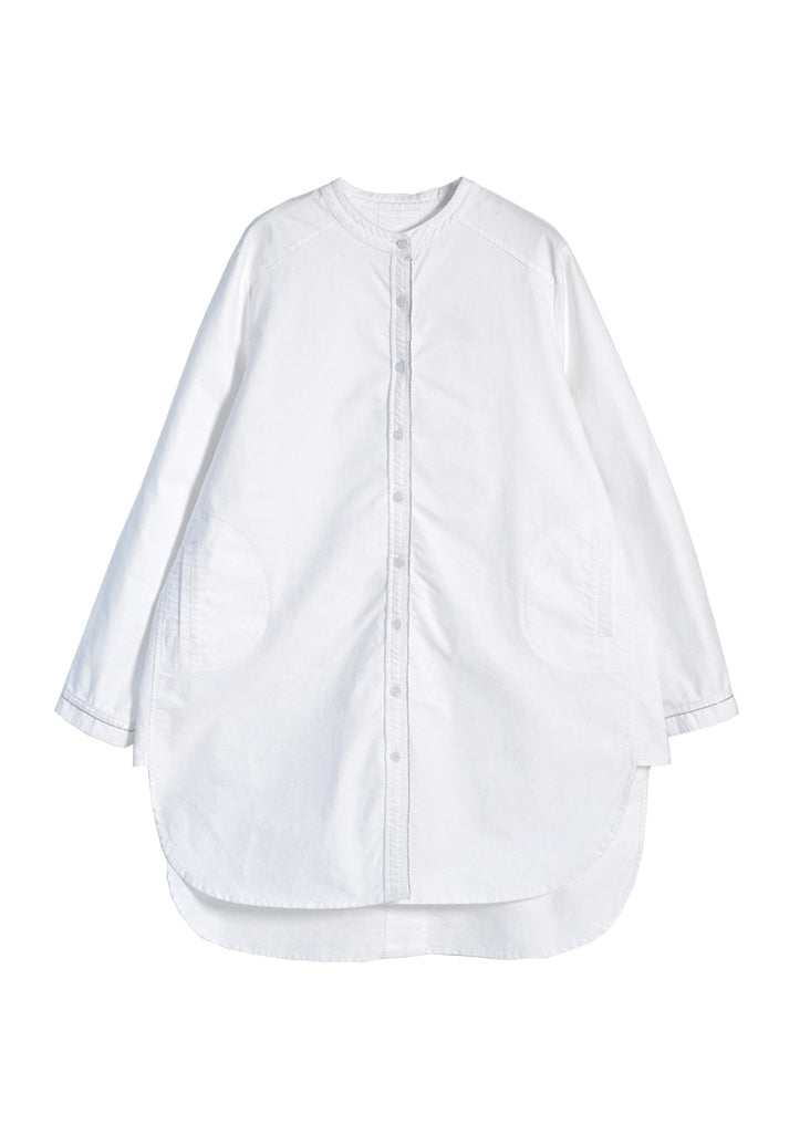 White O-neck Low High Design Button Cotton Shirt Long Sleeve