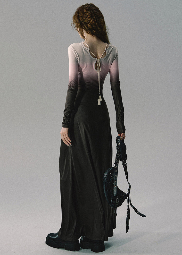 Italian Gradient Color Lace Up Cotton Long Dresses Long Sleeve