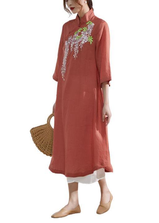French Rust Embroideried Patchwork Button Summer Ramie Summer Dresses Half Sleeve