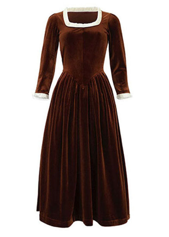 Dark Orange Square Collar Patchwork Silk Velour Long Dress Spring