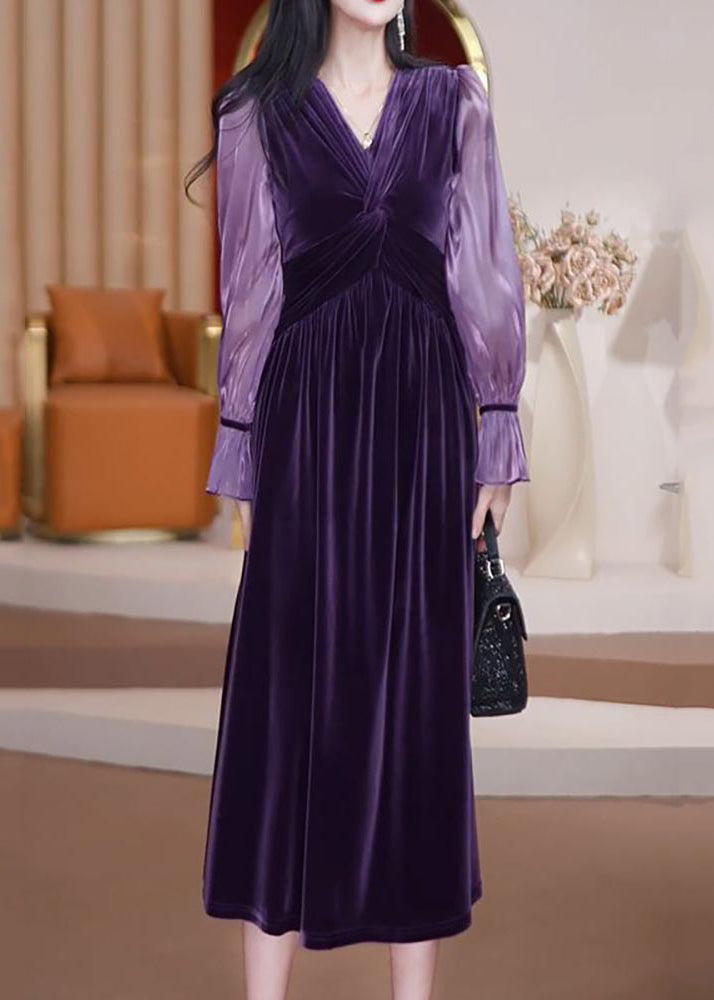 Purple V Neck Patchwork Wrinkled Silk Velour Long Dresses Long Sleeve