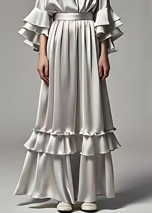 Grey Ruffled Tops and Skirts Silk Two Pieces Set Butterfly Sleeve