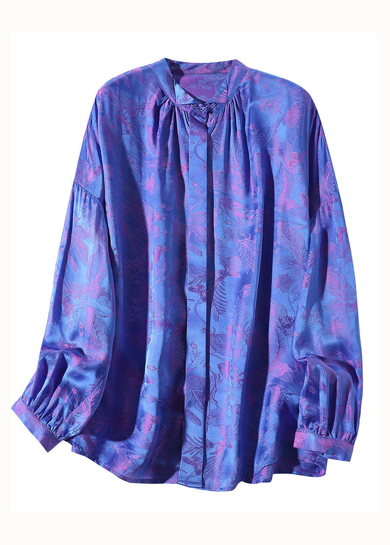 Blue Wrinkled Patchwork Jacquard Silk Shirts Spring