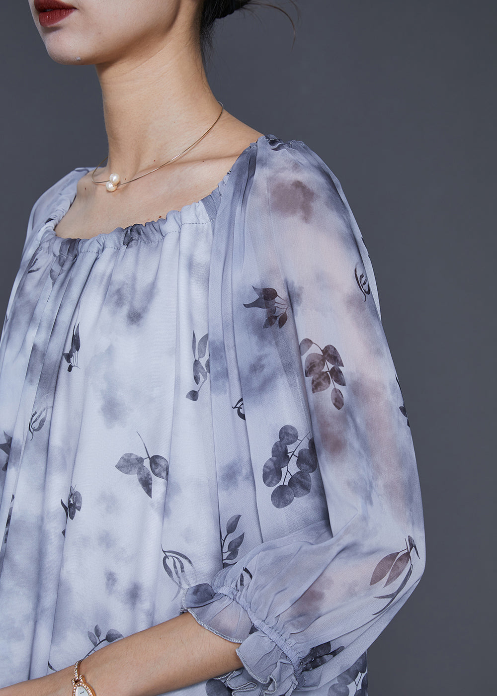 Grey Print Tie Dye Chiffon Long Dress Half Sleeve