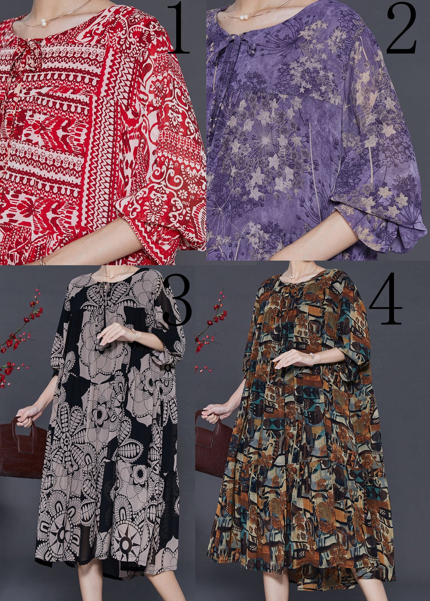 Khaki Oversized Print Chiffon Dresses Fall