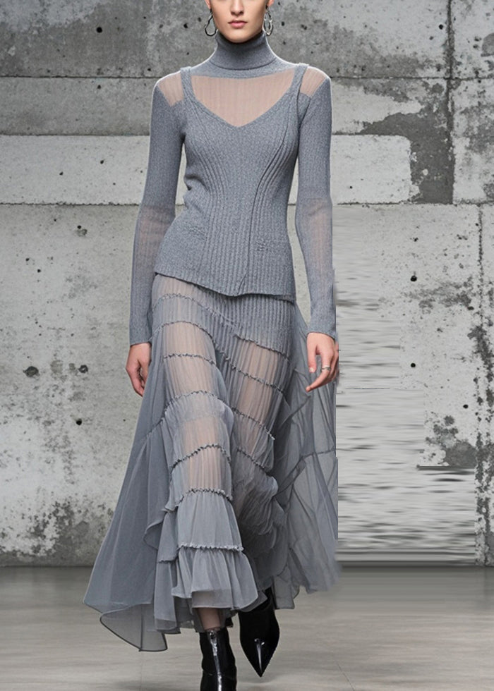 Grey High Neck Patchwork Exra Large Hem Knit Long Dress Fall
