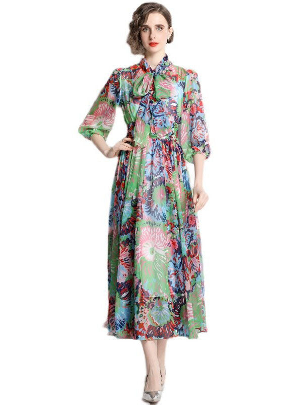 Green Zip Up Print Chiffon Cinch Dress Half Sleeve