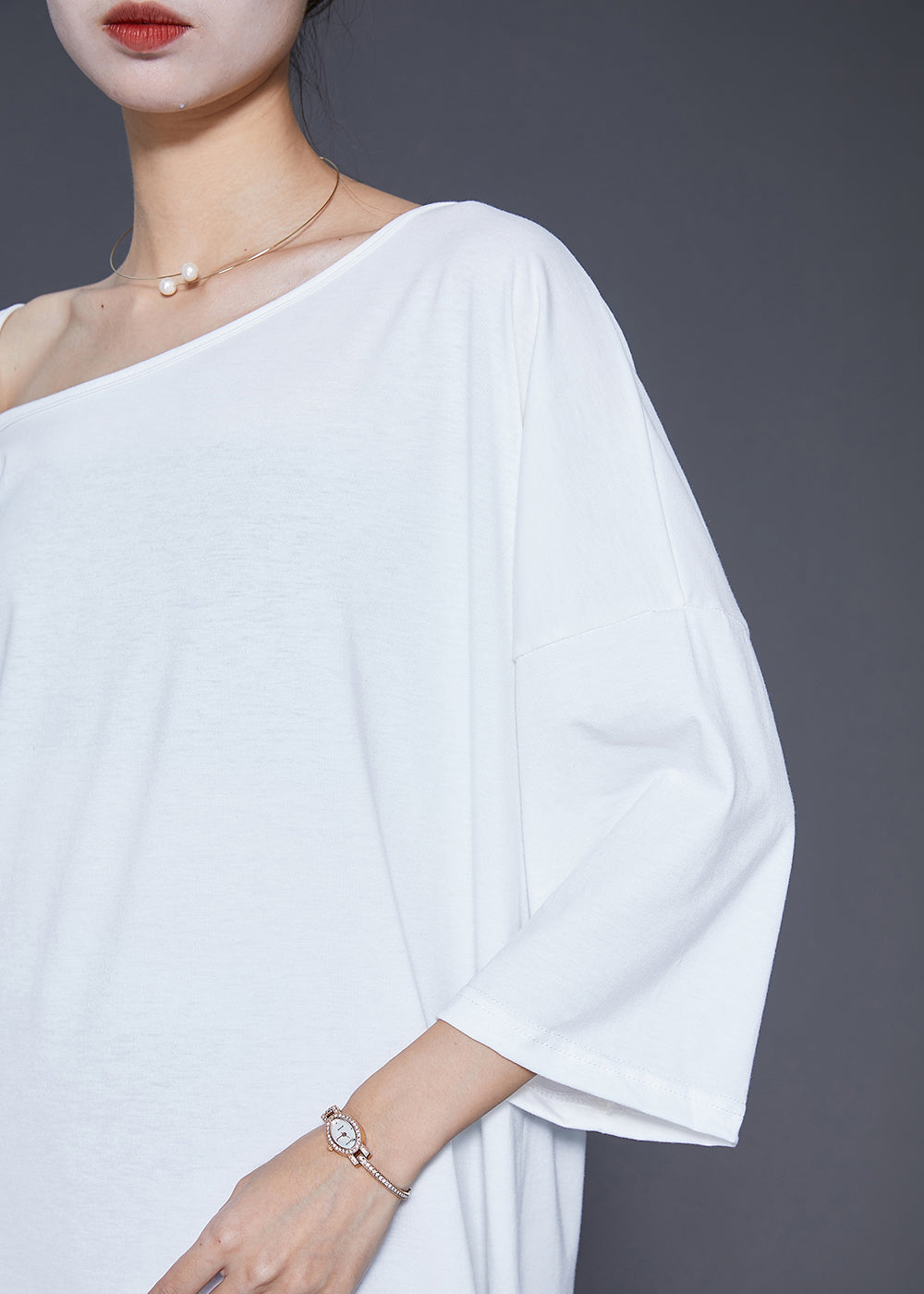 French White Asymmetrical One-shoulder Cotton Maxi Dress Summer