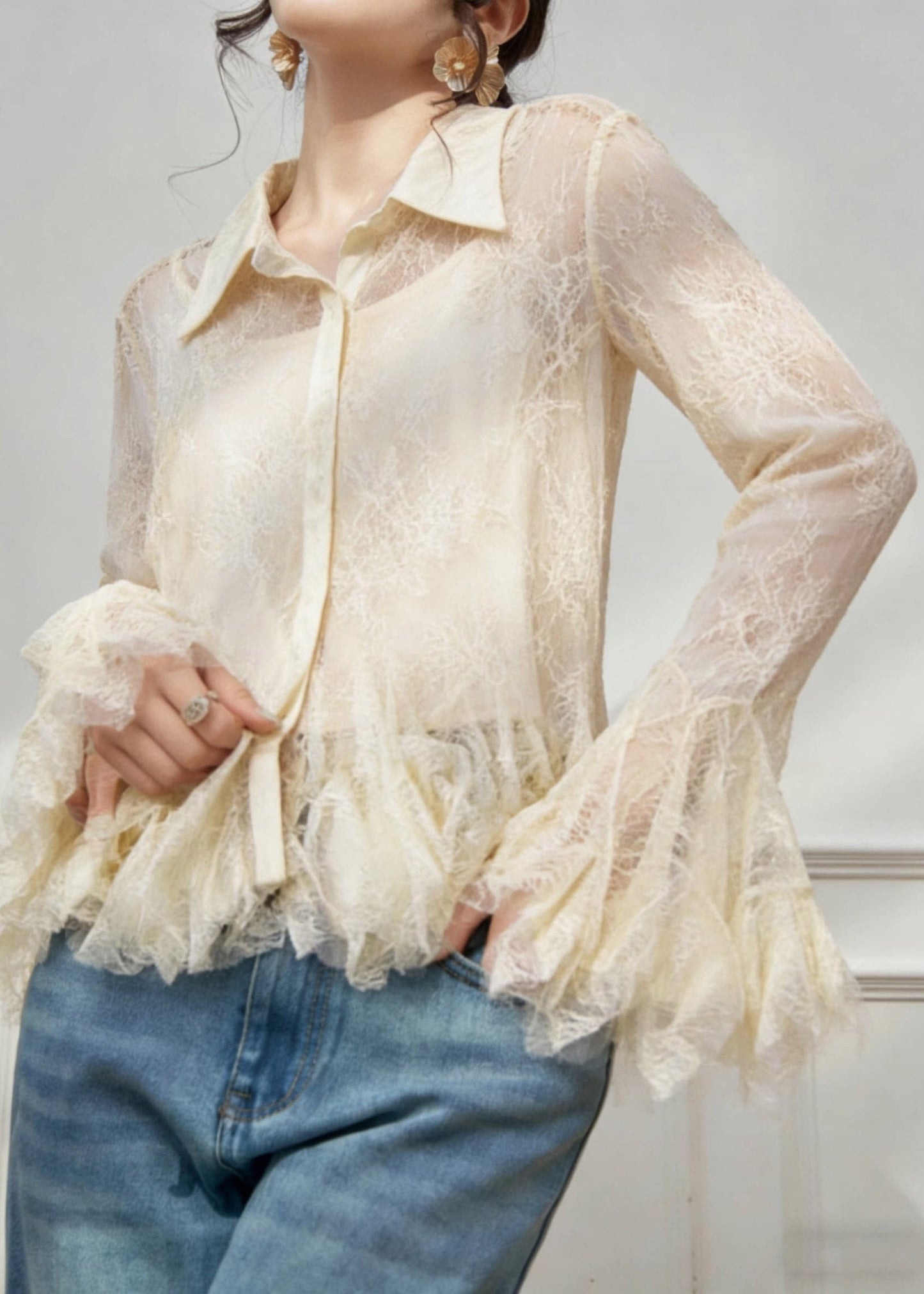 Apricot Peter Pan Collar Button Chiffon Shirt Spring
