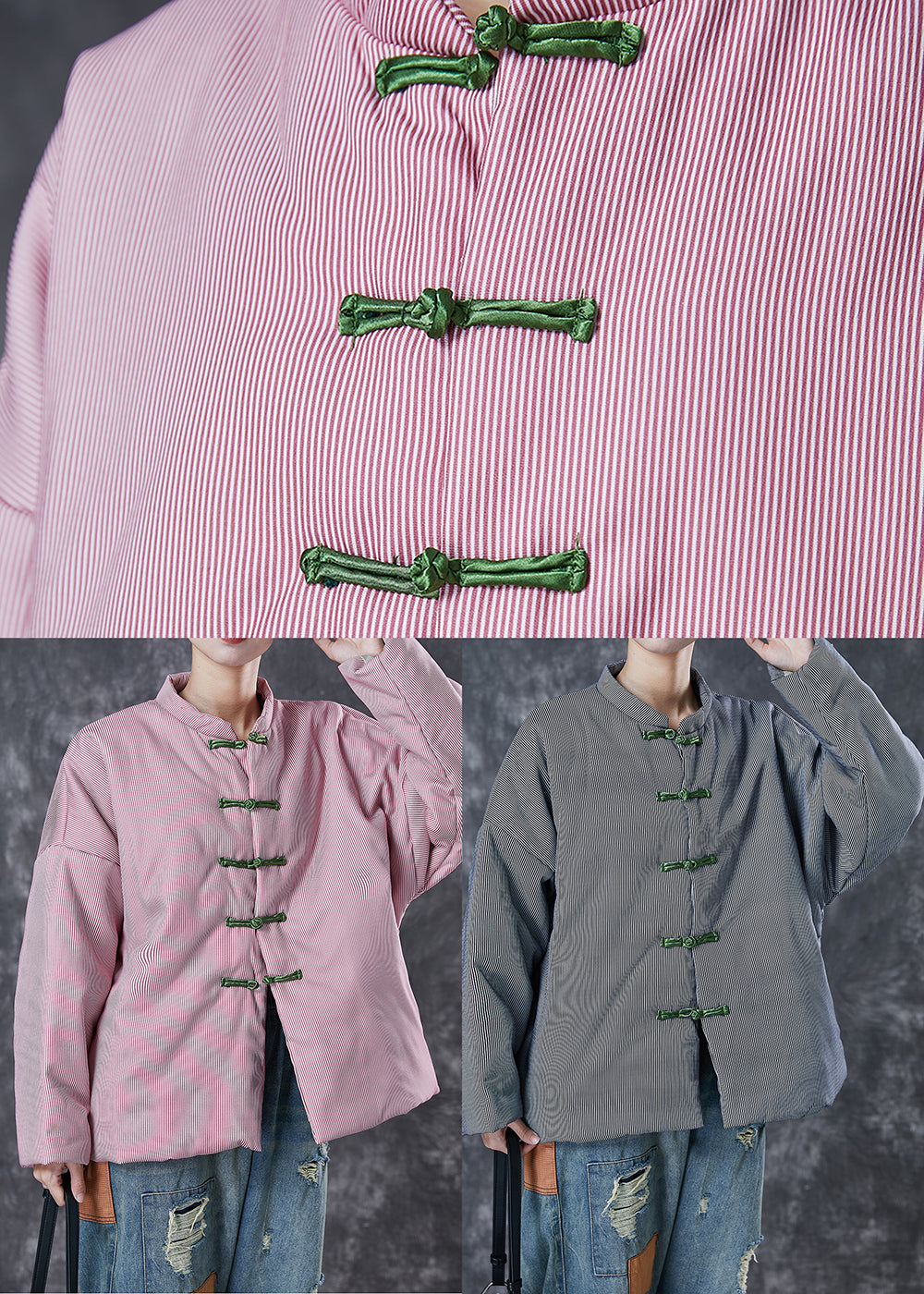 Pink Oversized Striped Fine Cotton Filled Coat Winter