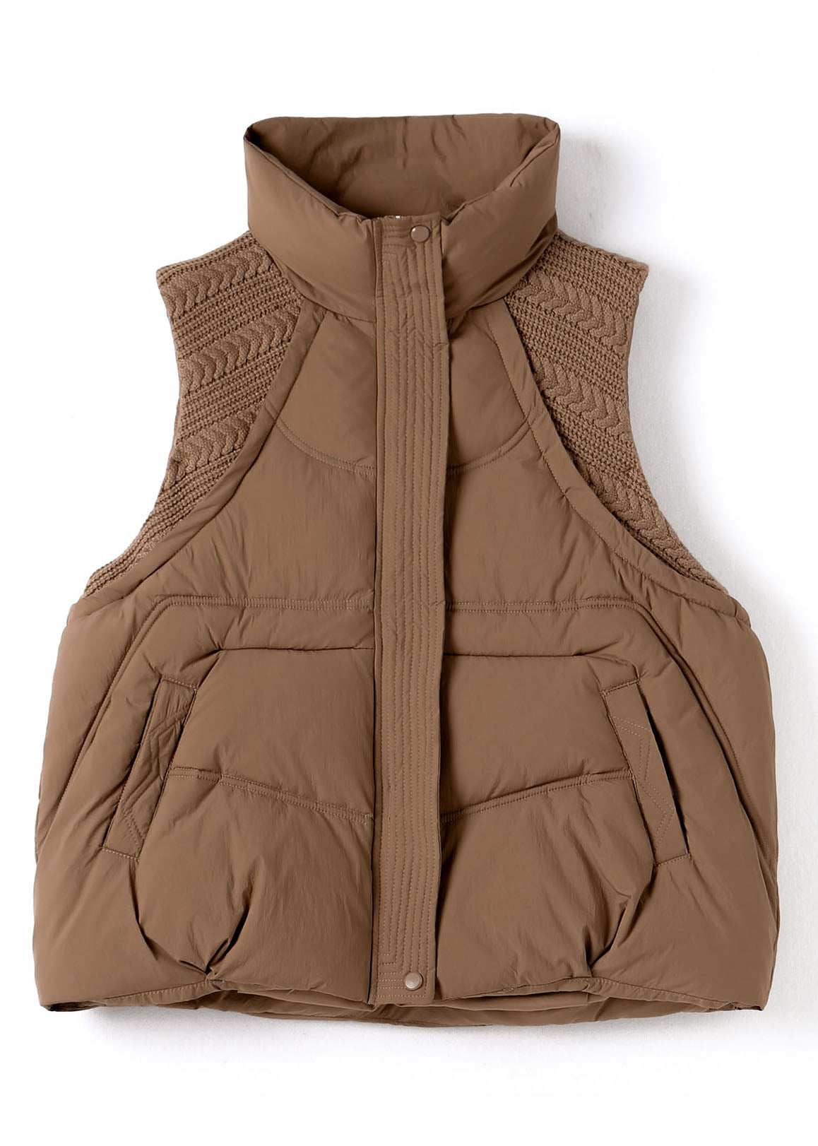 Khaki Peter Pan Collar Zippered Warm Fine Cotton Filled Waistcoat Sleeveless