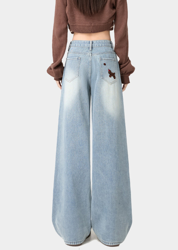 Light Blue Little Dogs Embroidered High Waist Warm Fleece Jeans Spring