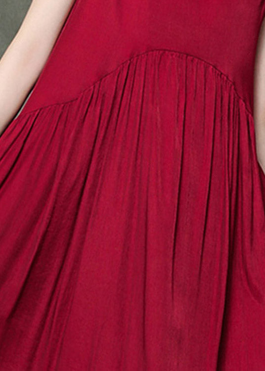 Wine Red O-neck Wrinkled Long Dresses Sleeveless