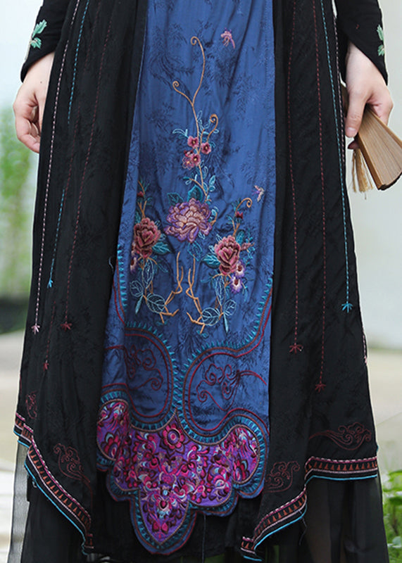 Black Embroideried Tulle Patchwork Elastic Waist Linen Maxi Skirts Fall