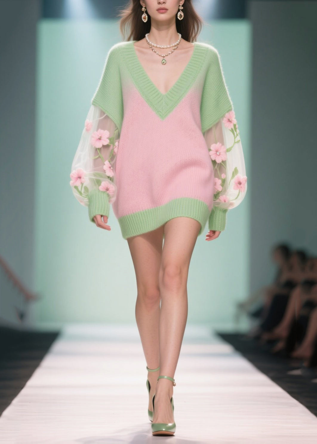 Colorblock V Neck Patchwork Tulle Long Sweaters Fall