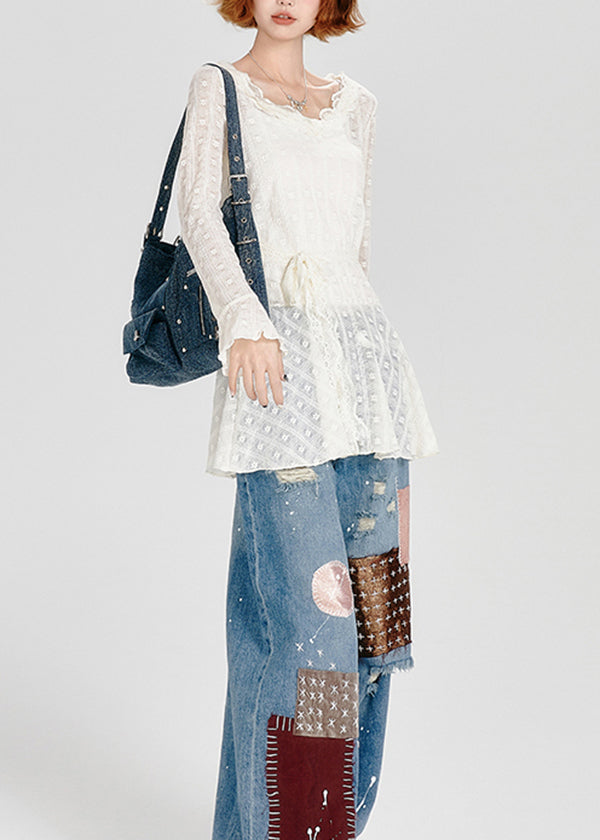 White O Neck Lace Up Lace Top Spring