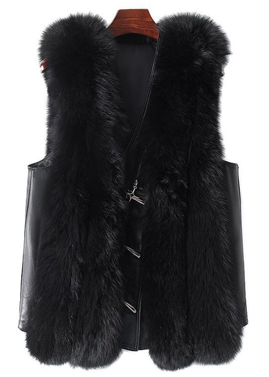 New Black Fox Collar Button Patchwork Leather and Fur Waistcoat Sleeveless