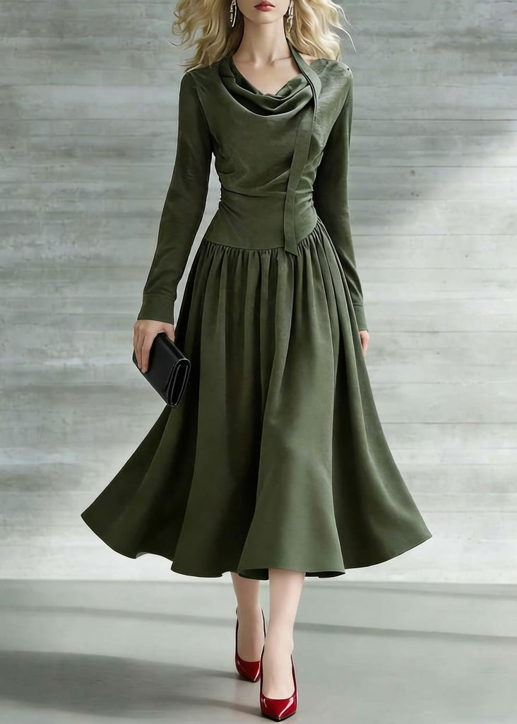 New Green Bow Wrinkled Cotton Long Dresses Spring