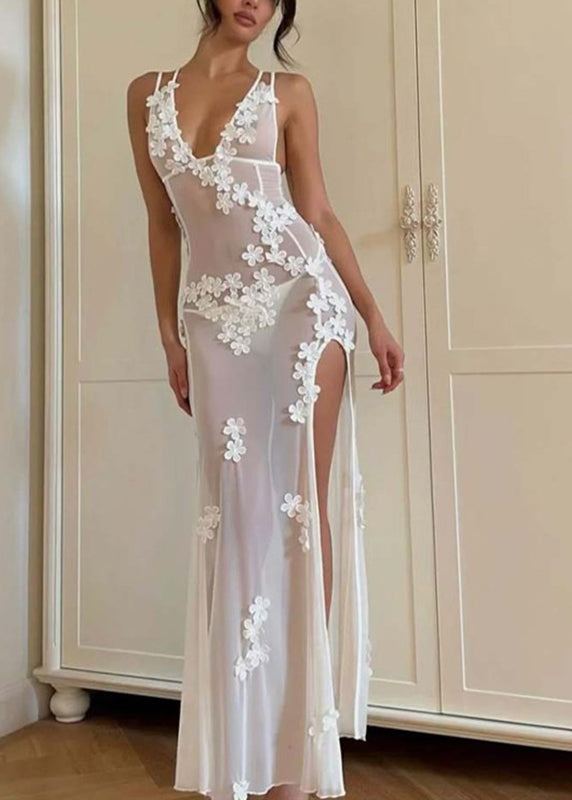 White Strapless Bikini Flower Side Open Long Swimwear Dresses