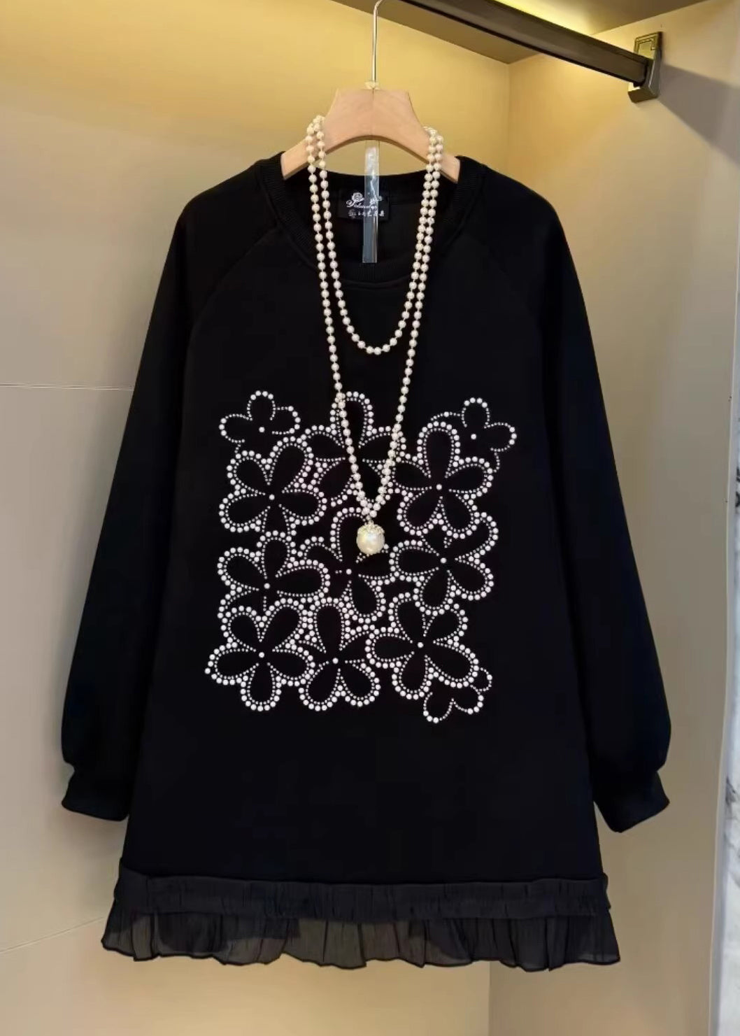 Black Oversized Patchwork Cotton Sweatshirt Fall