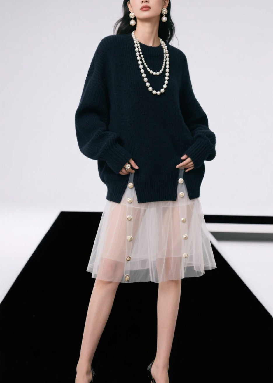 Black O Neck Side Open Knit Pullover Fall