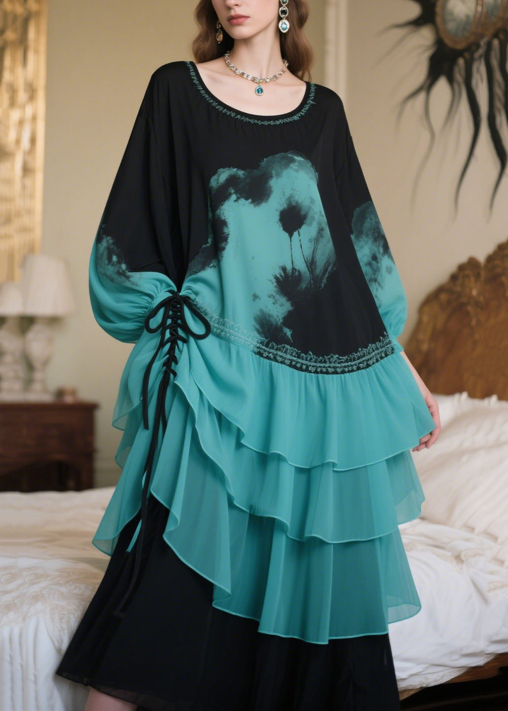 Organic Blue Tie Dye Cross Strap Chiffon Party Dress Summer