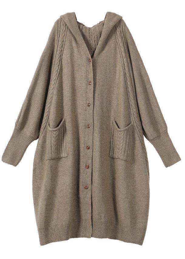 Khaki Button Pockets Fall Long Cardigans Coat