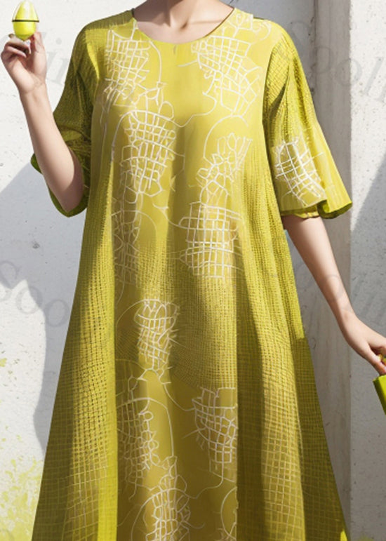 Yellow Green O Neck Print Silk Dresses Summer