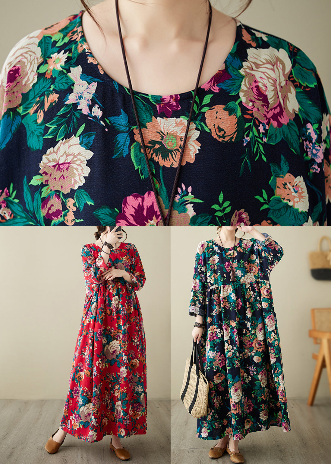 Retro Blue O-neck Print Pockets Long Dress Spring