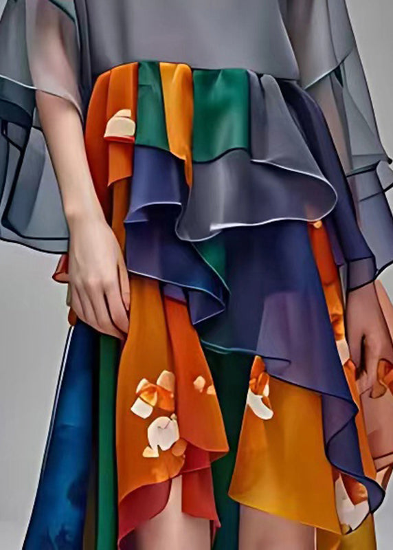 Style Grey O-neck Patchwork Chiffon Maxi Dress Half Sleeve