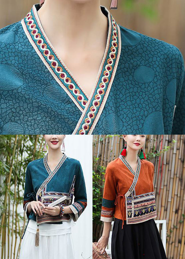 Earthy Yellow V Neck Print Shirts Long Sleeve