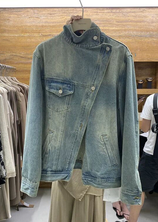 Blue Patchwork Button Sashes Denim Coats Spring