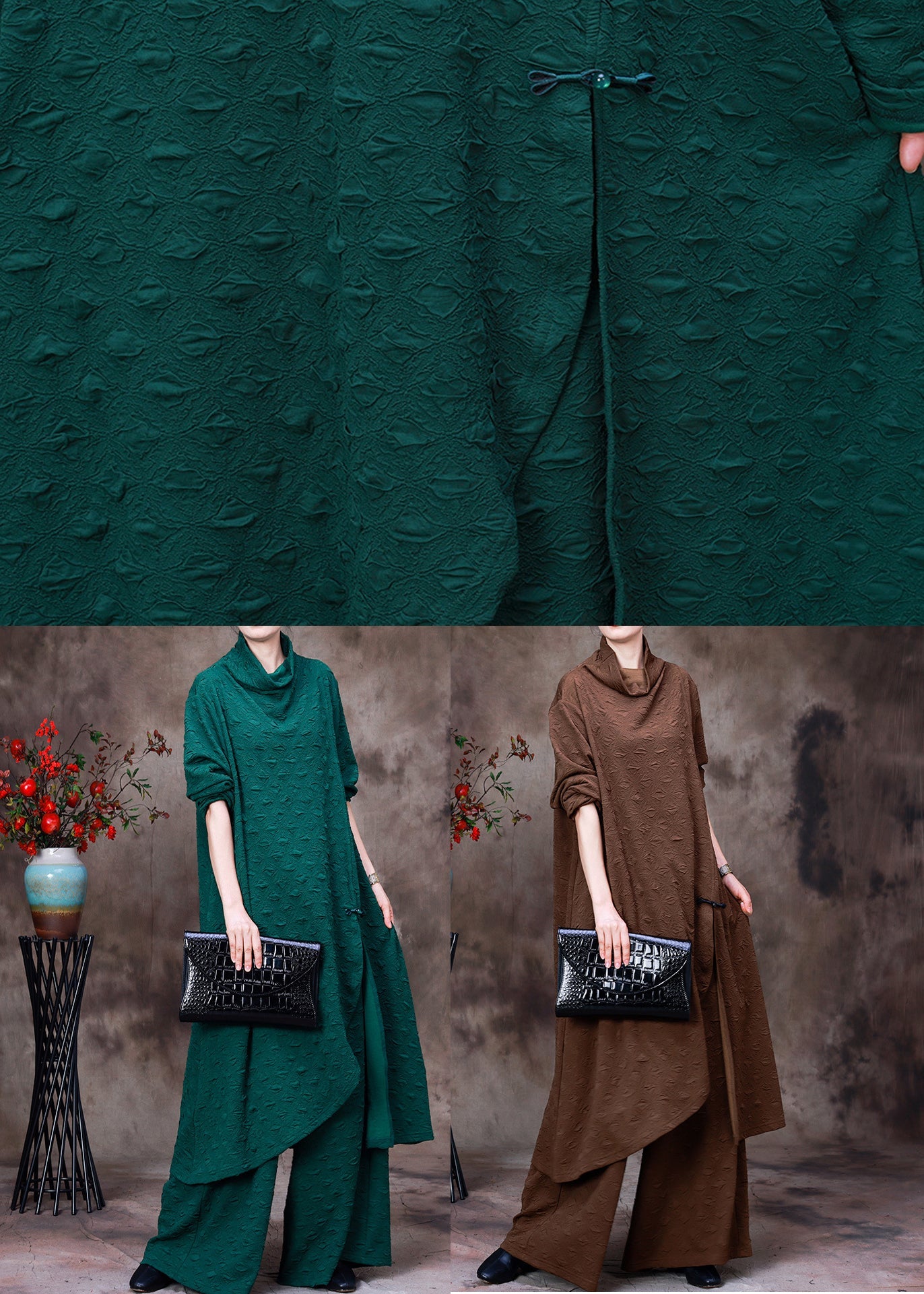 Chocolate Turtleneck Low High Design Silk Top and Wide Leg Pants Two Piece Set Fall