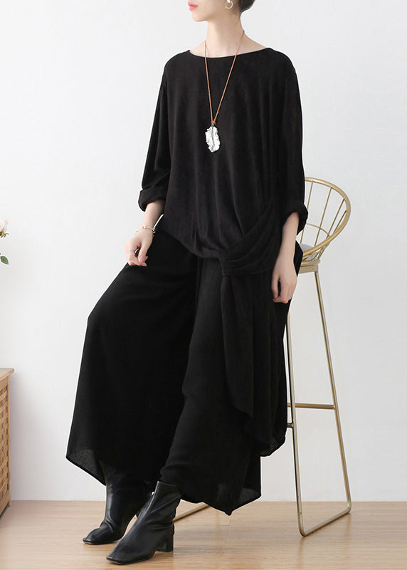 Loose Black O-neck Asymmetrical Top and Wide Leg Pants Two Pieces Set Fall
