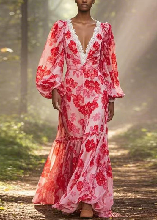 Red V Neck Print Ruffled Chiffon Long Dress Spring