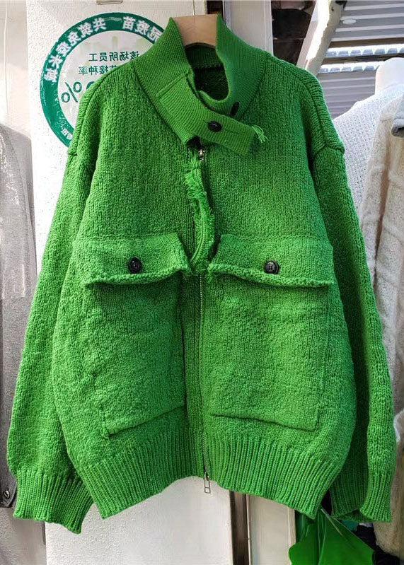 Green Zip Up Pockets Knitted Tops Coat Spring