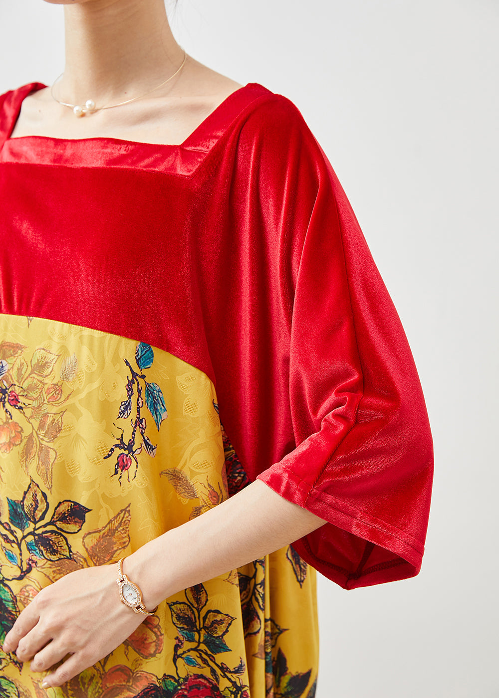 Stylish Colorblock Square Collar Patchwork Silk Velour Dress Summer