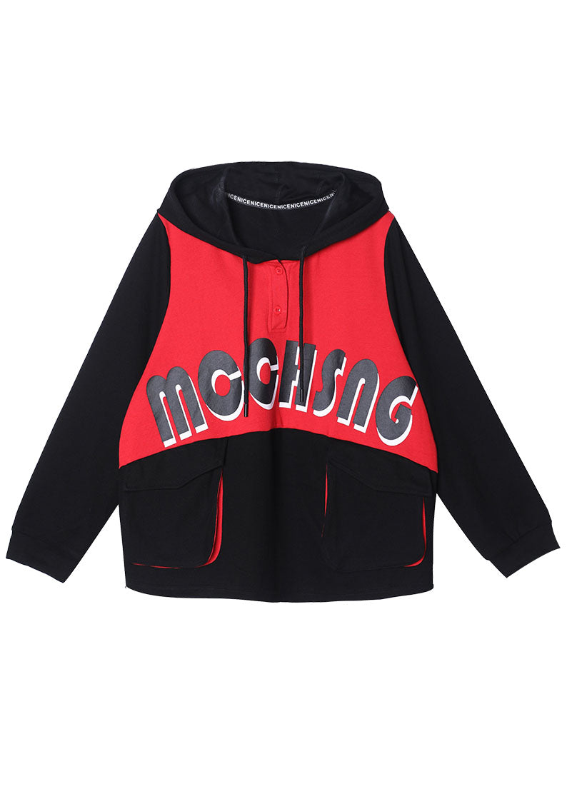 Comfy Red Hooded Drawstring Pockets Fall Patchwork Pullover Street Wear