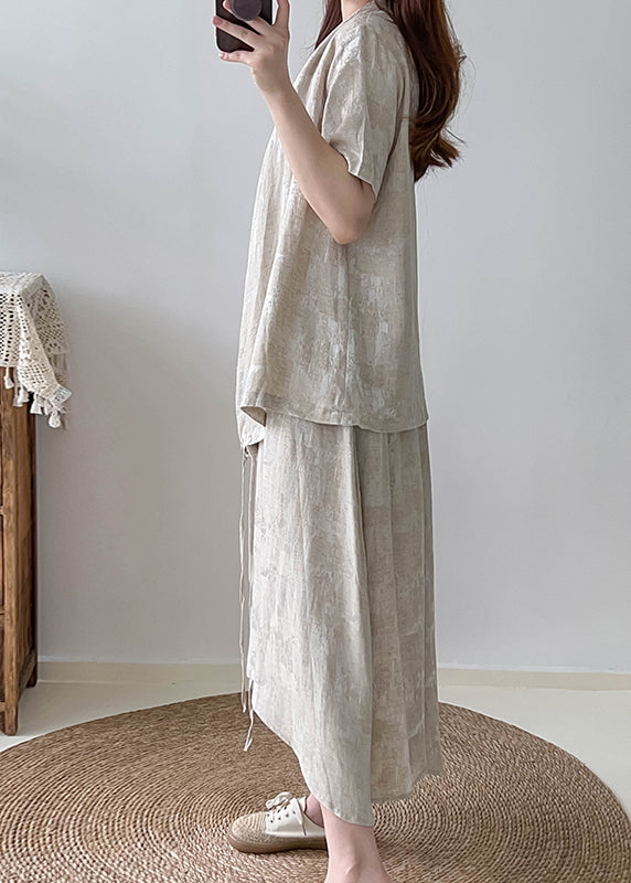 Beige Asymmetrical Jacquard Cotton Two Pieces Set Fall