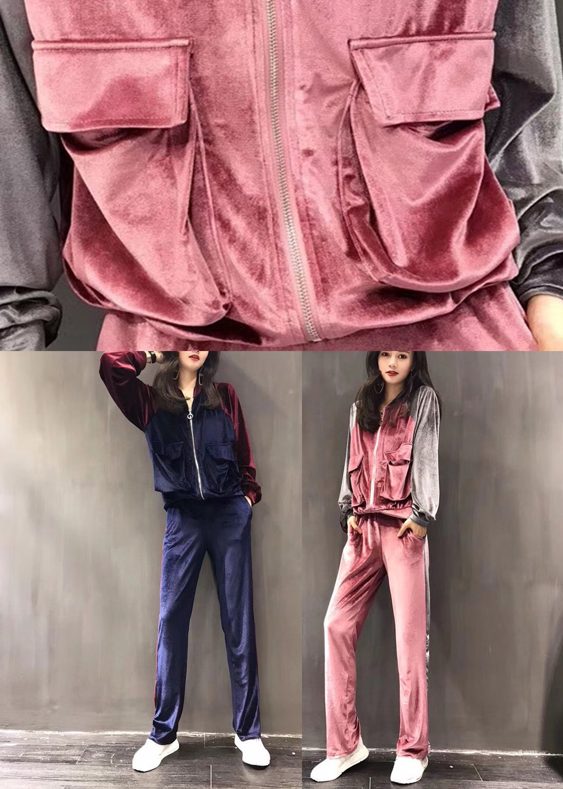 Pink Zippered Silk Velour Coats and Wide Leg Pants Two Pieces Set Long Sleeve