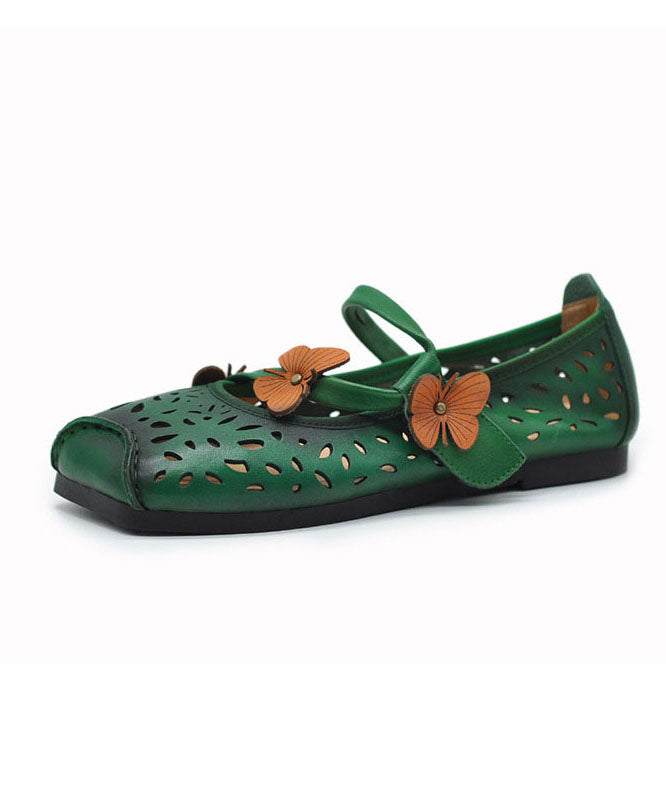 Green Flat Shoes for Cowhide Leather Soft Butterfly Splicing Hollow Out
