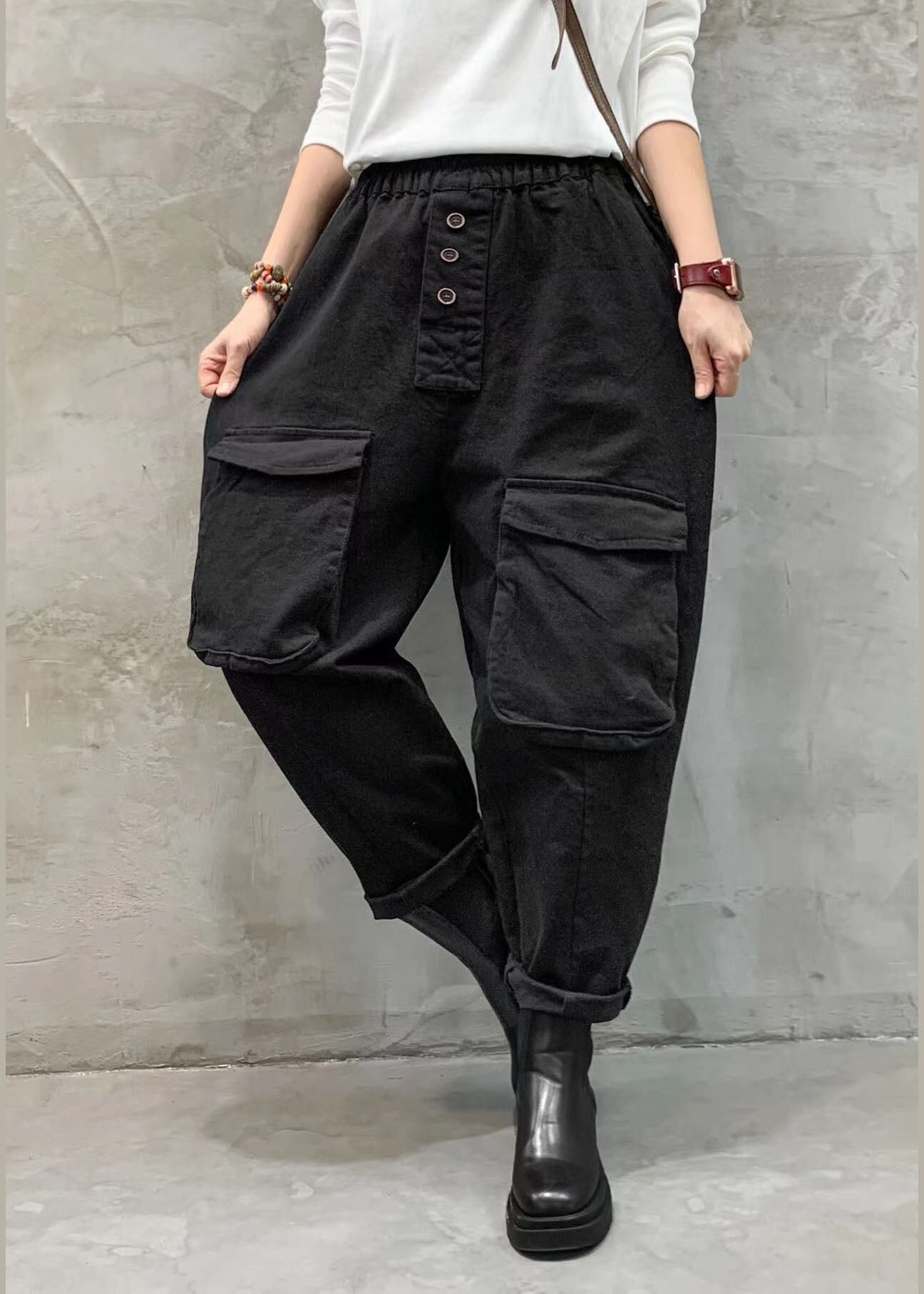 Red Elastic Waist Button Pockets Harem Pants Spring