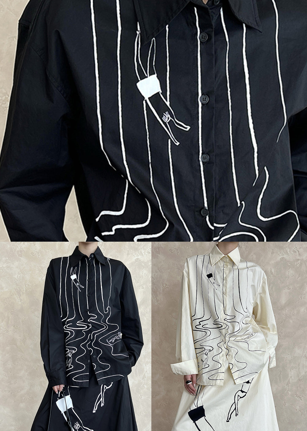 Black Cotton Shirt Tops Peter Pan Collar Graffiti Fall