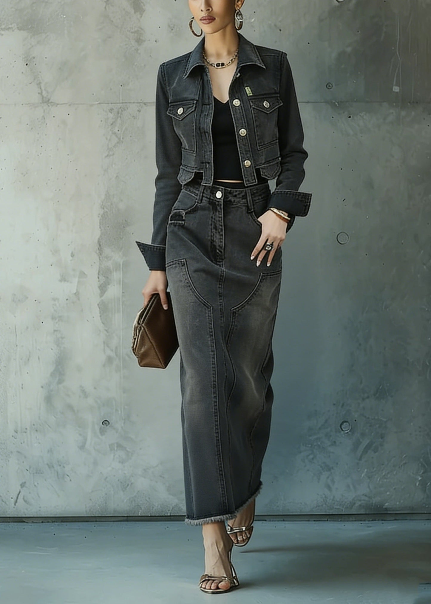Fine Peter Pan Collar Coat and Skirts Denim Two Piece Set Spring