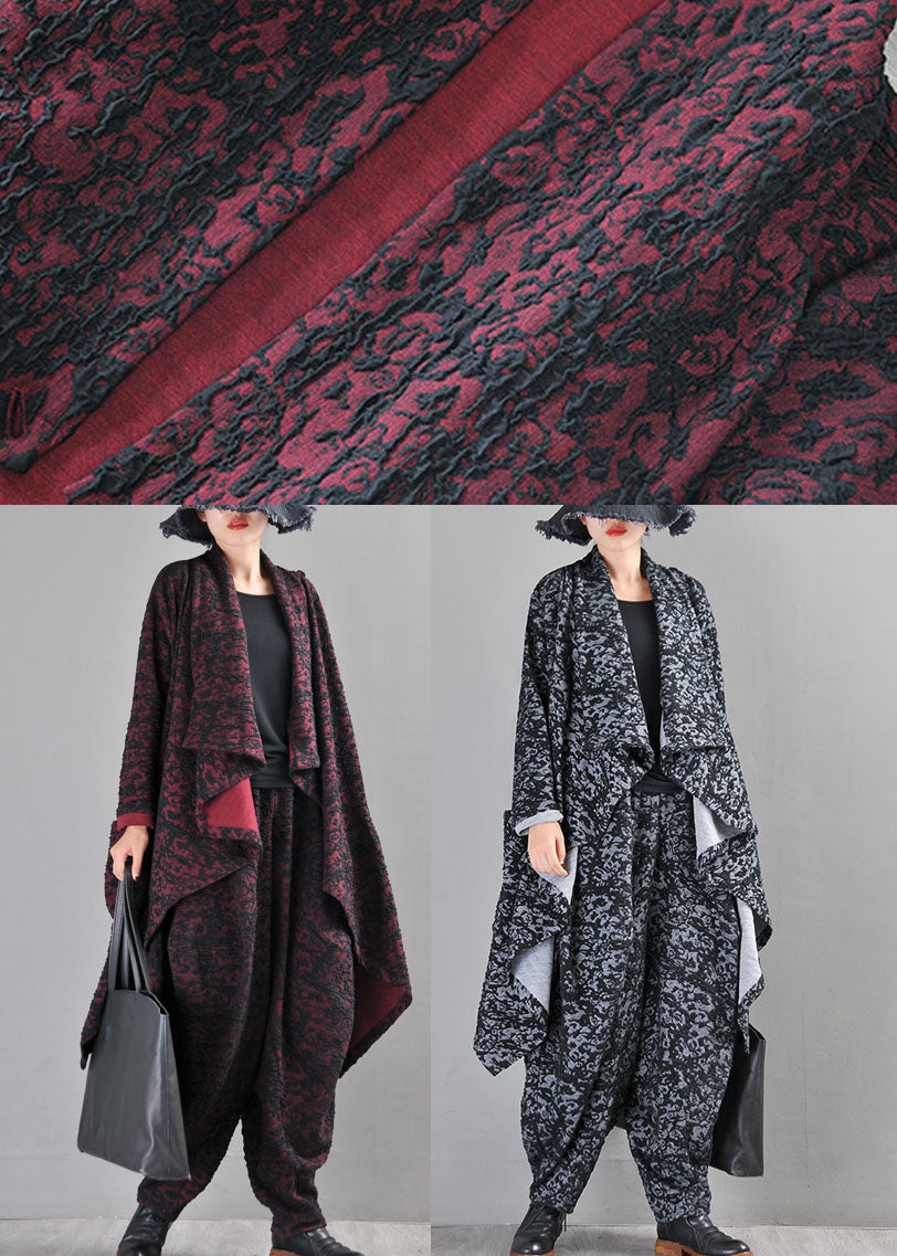 Boutique Black Grey Knit Asymmetrical Design Print Fall Coat