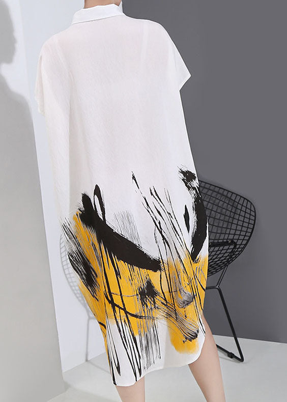 Natural White Low High Design Peter Pan Collar Print Shirt Dress Spring