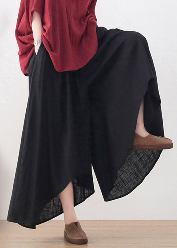 Black Elastic Waist Pockets Linen Wide Leg Pants Skirt Fall