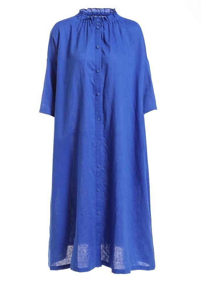 Boutique Blue Wrinkled Summer Linen Summer Dress Half Sleeve