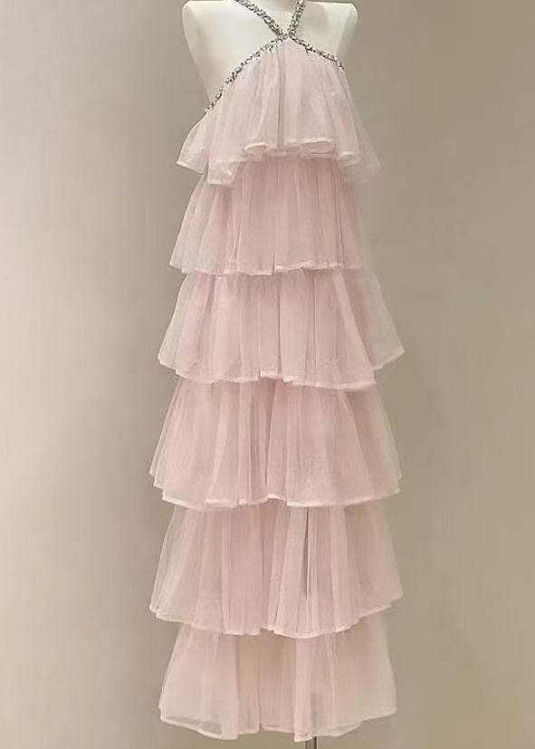 Pink Zircon High Waist Tulle Long Dress Sleeveless